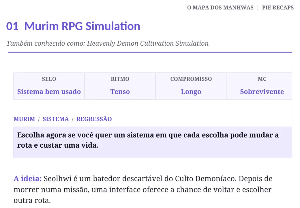 Ficha de Murim RPG Simulation dentro do Mapa: selo, ritmo, compromisso, tipo de protagonista e a premissa
